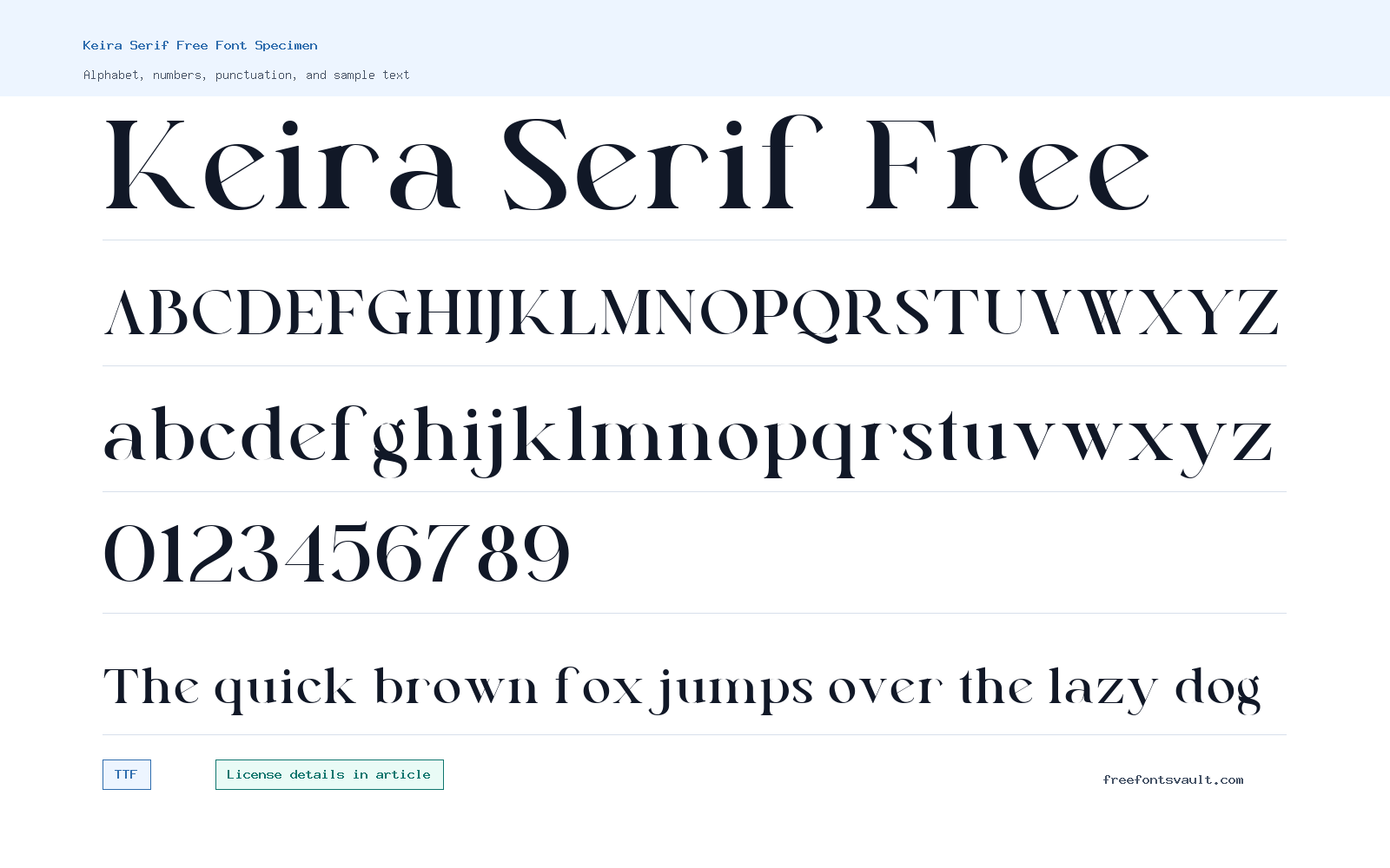 Keira Serif Free font specimen showing alphabet, numbers, and sample text