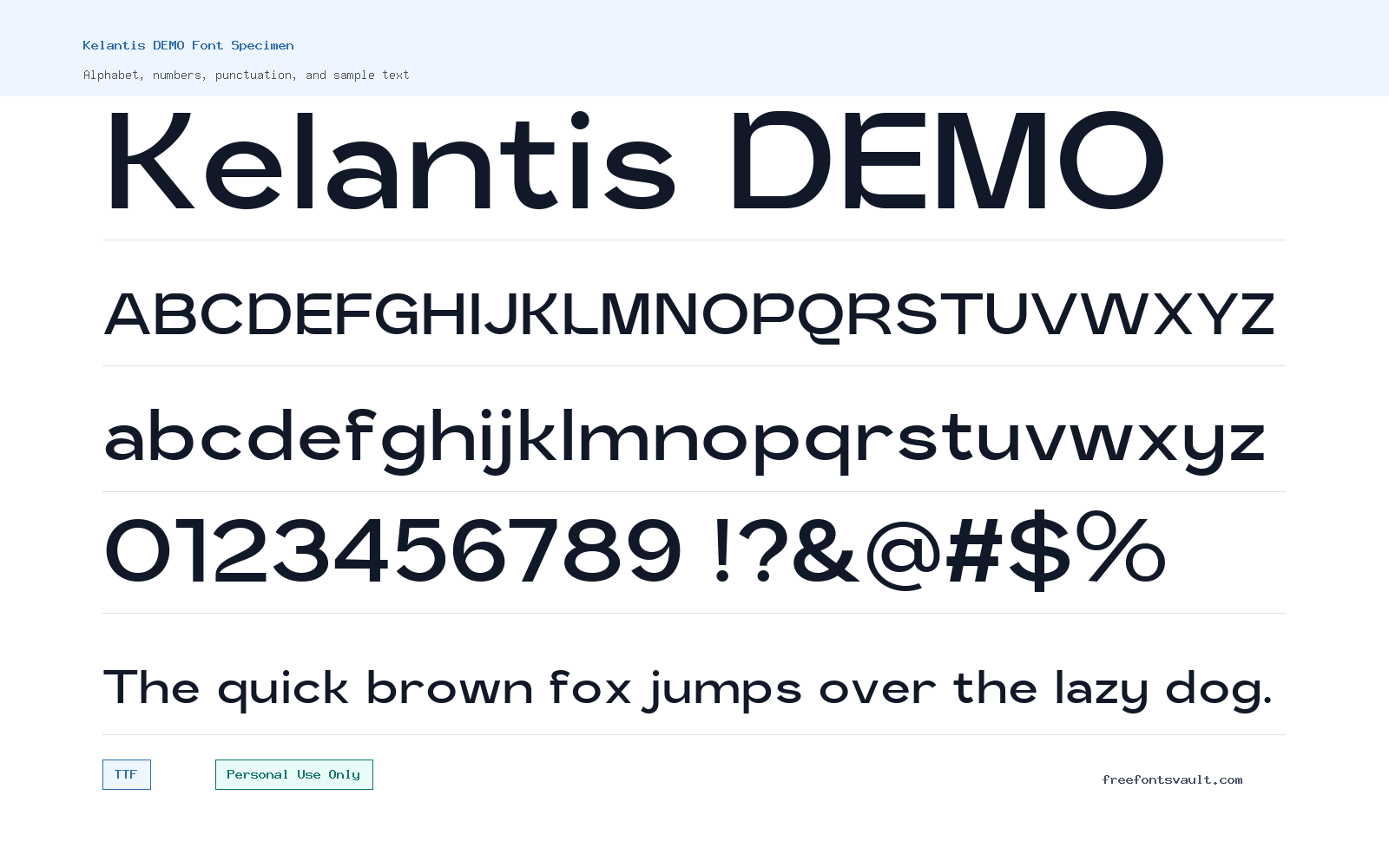 Kelantis DEMO font specimen showing alphabet, numbers, and sample text