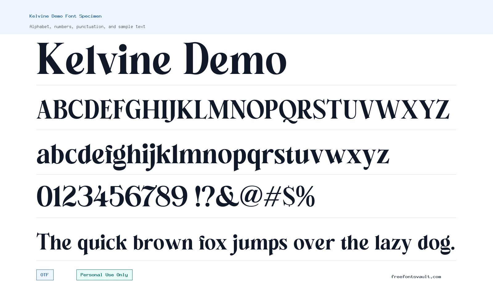 Kelvine Demo font specimen showing alphabet, numbers, and sample text