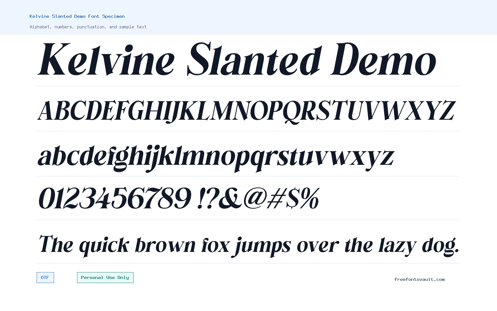 Kelvine Slanted Demo font specimen showing alphabet, numbers, and sample text