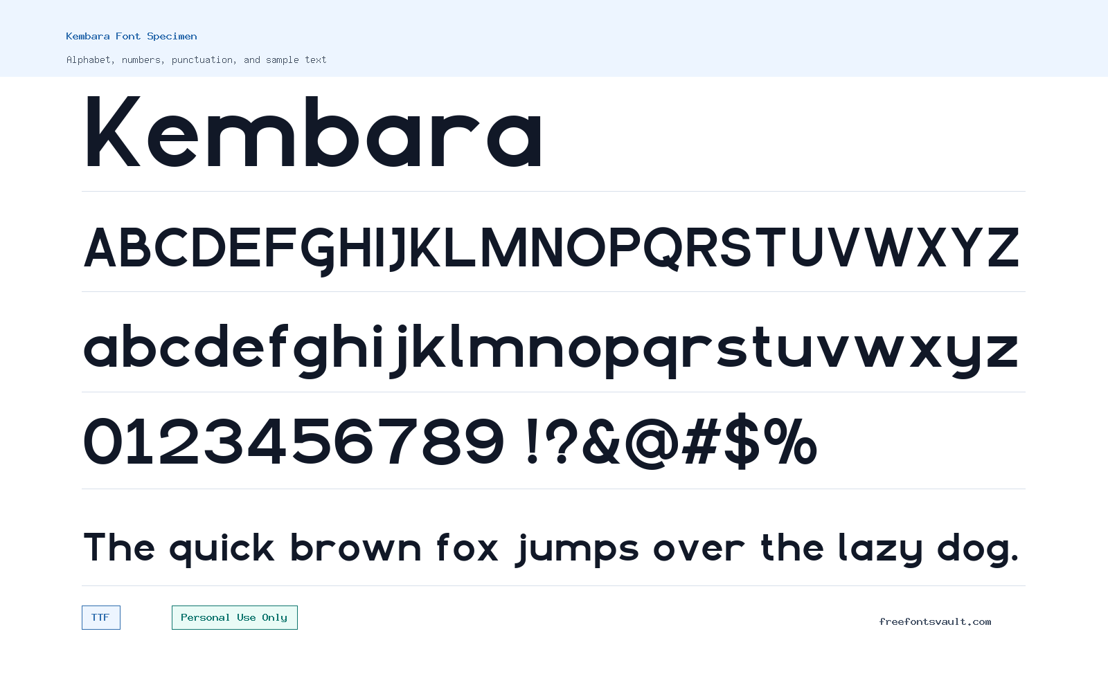Kembara font specimen showing alphabet, numbers, and sample text