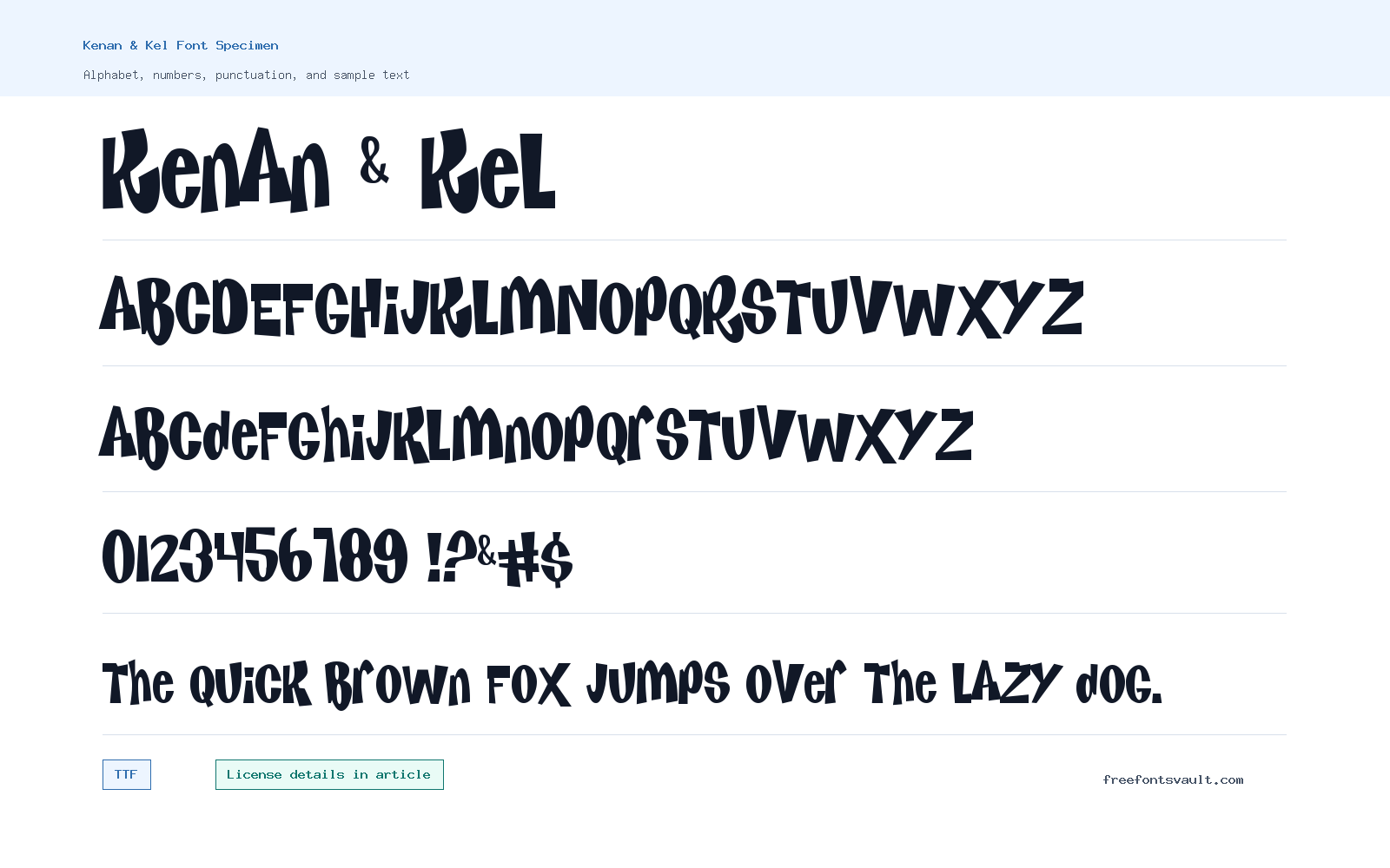 Kenan & Kel font specimen showing alphabet, numbers, and sample text