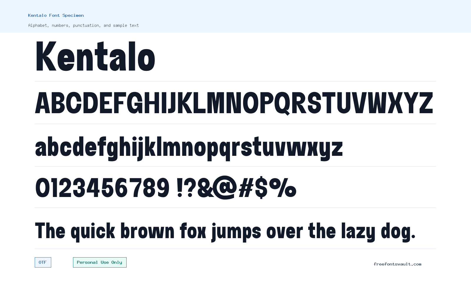 Kentalo font specimen showing alphabet, numbers, and sample text