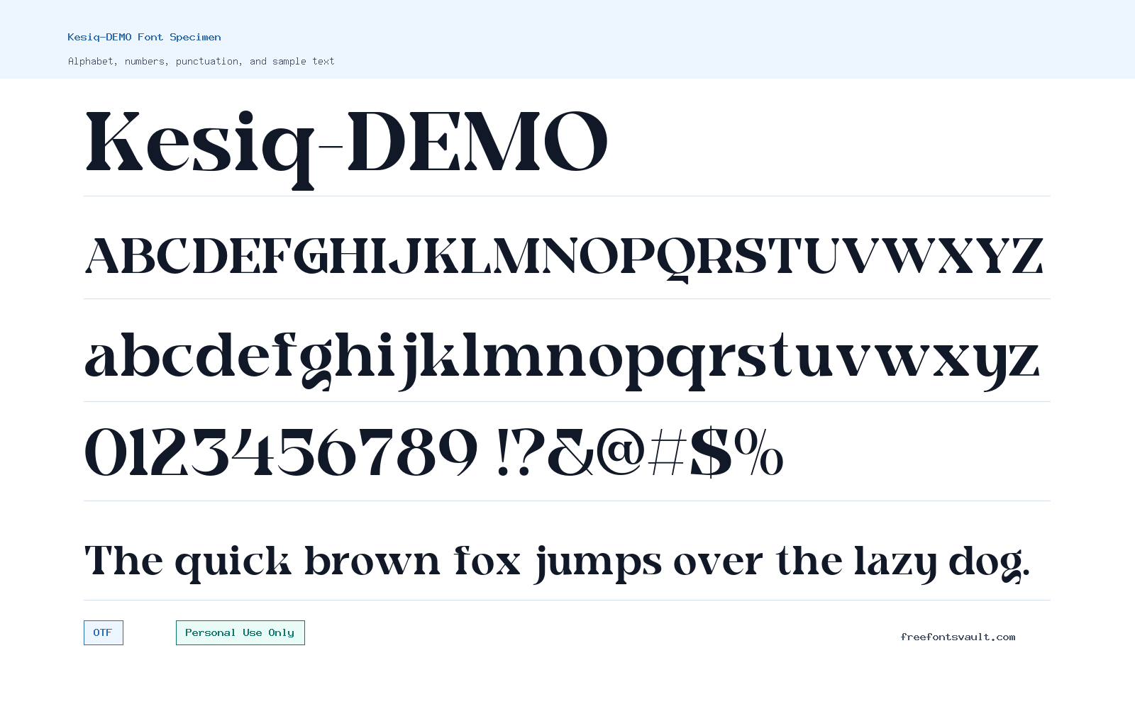 Kesiq-DEMO font specimen showing alphabet, numbers, and sample text