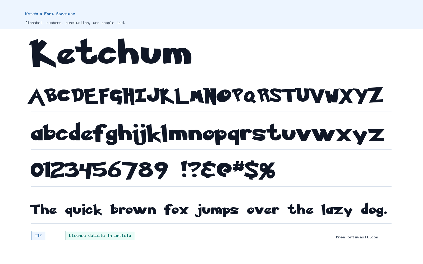 Ketchum font specimen showing alphabet, numbers, and sample text