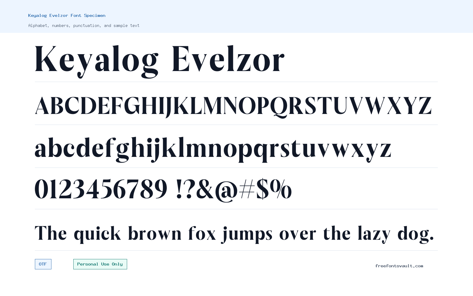 Keyalog Evelzor font specimen showing alphabet, numbers, and sample text