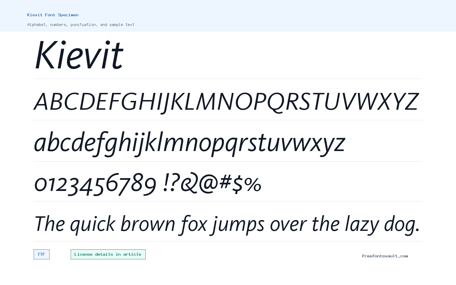 Kievit font specimen showing alphabet, numbers, and sample text