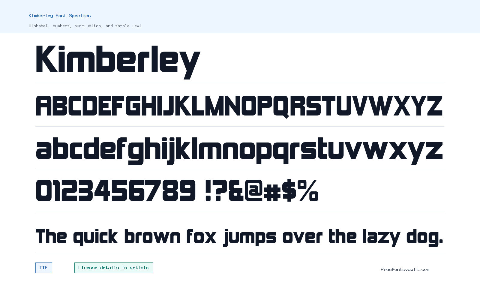 Kimberley font specimen showing alphabet, numbers, and sample text