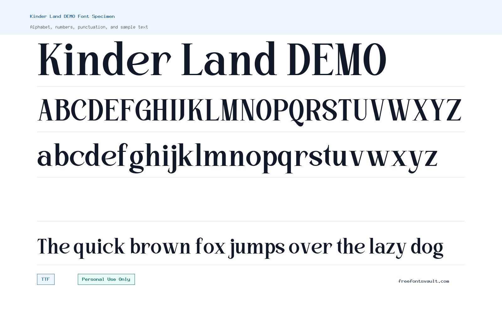 Kinder Land DEMO font specimen showing alphabet, numbers, and sample text