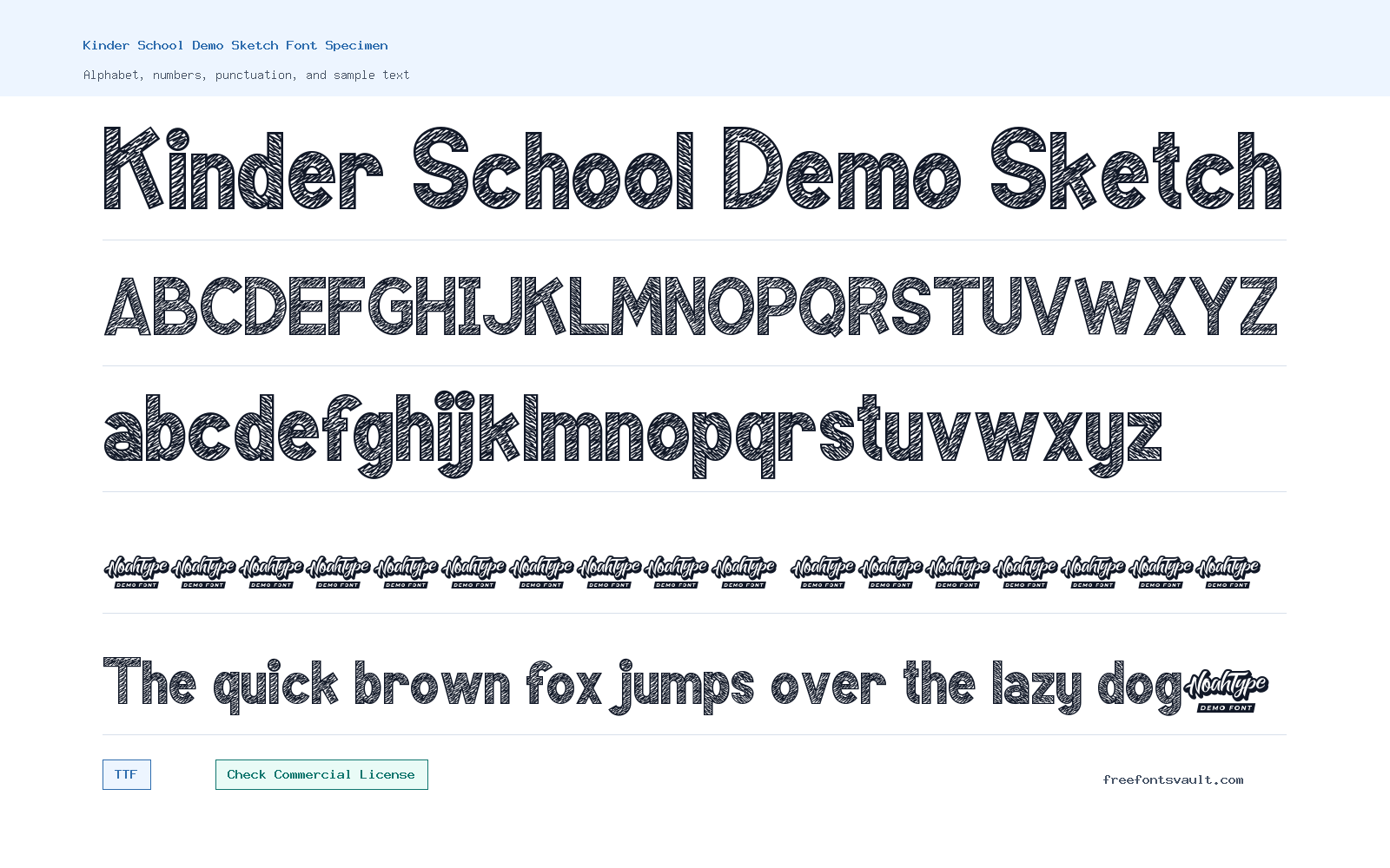 Kinder School Demo Sketch font specimen showing alphabet, numbers, and sample text