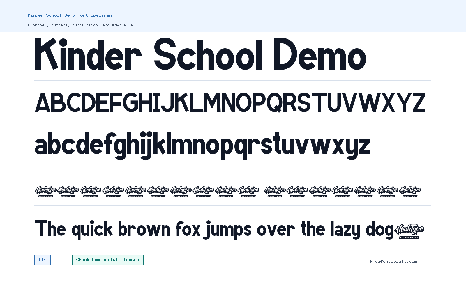 Kinder School Demo font specimen showing alphabet, numbers, and sample text