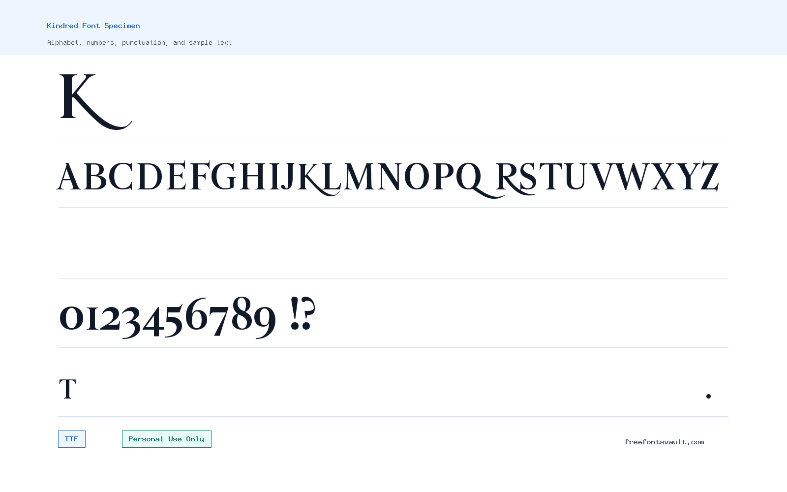 Kindred font specimen showing alphabet, numbers, and sample text