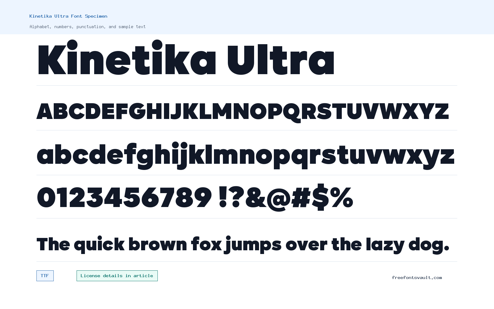 Kinetika Ultra font specimen showing alphabet, numbers, and sample text