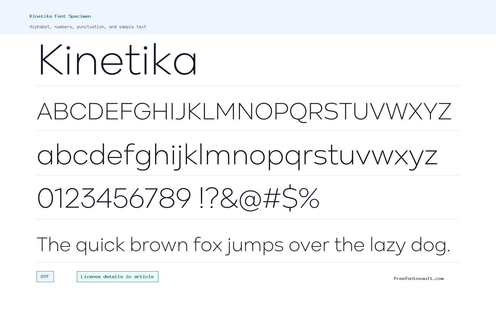 Kinetika font specimen showing alphabet, numbers, and sample text