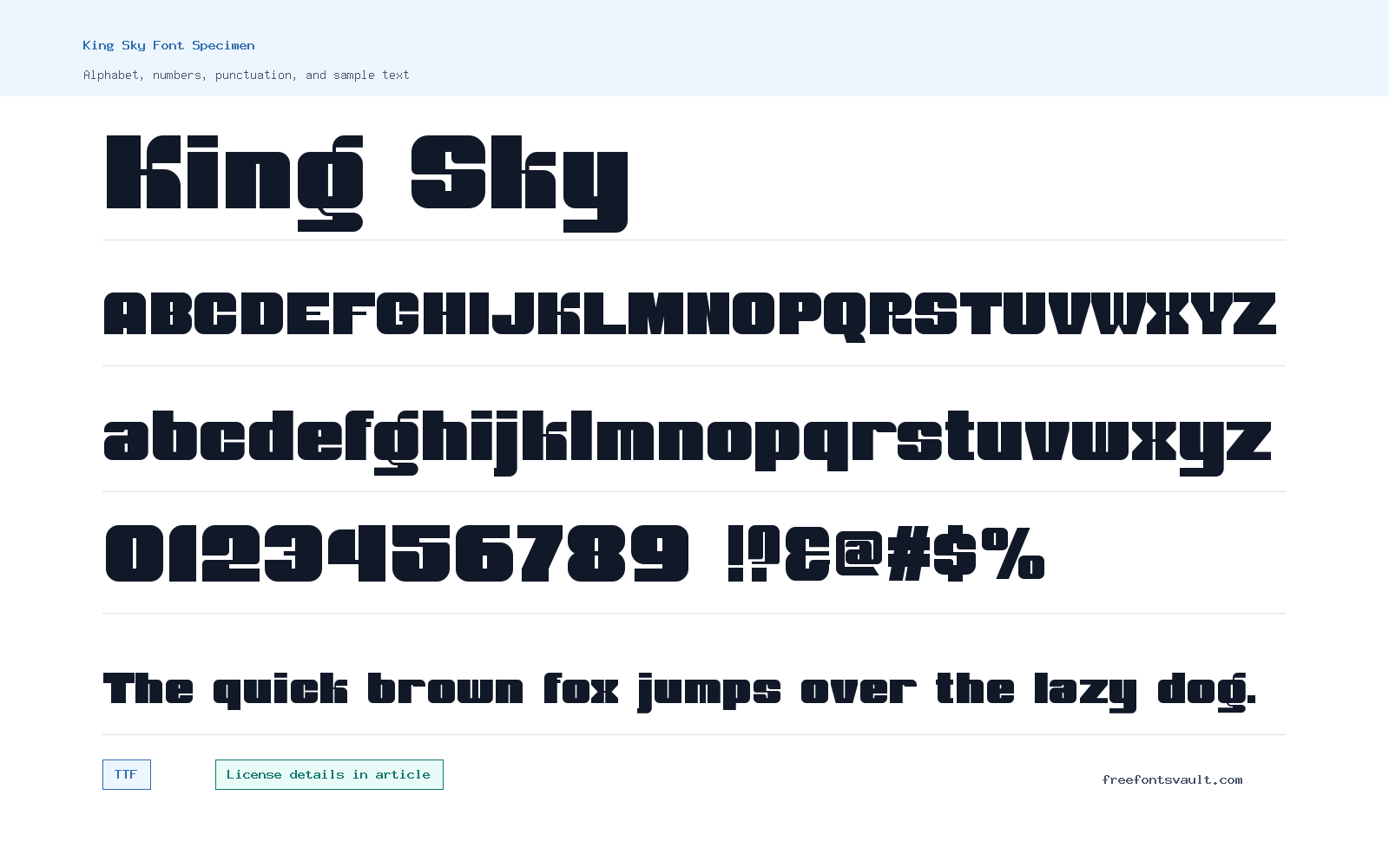 King Sky font specimen showing alphabet, numbers, and sample text