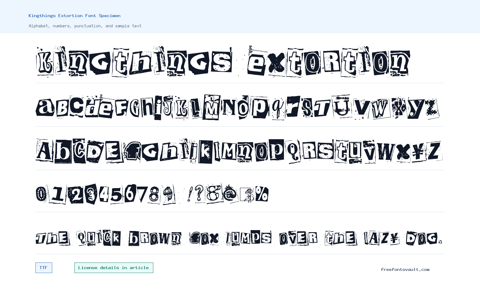 Kingthings Extortion font specimen showing alphabet, numbers, and sample text