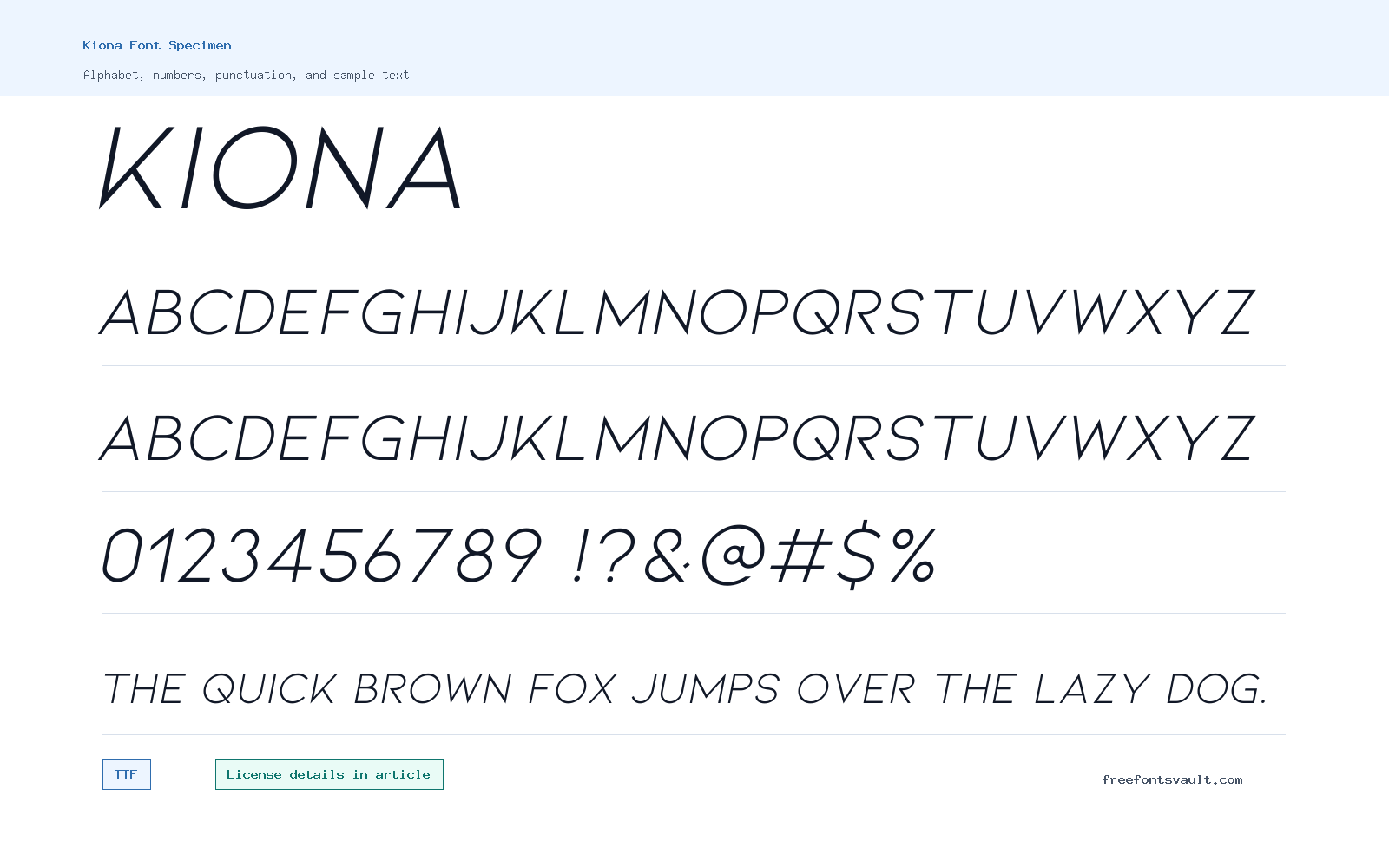 Kiona font specimen showing alphabet, numbers, and sample text