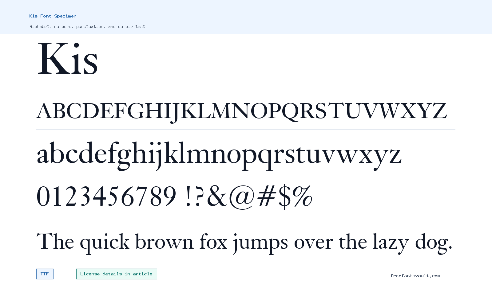 Kis font specimen showing alphabet, numbers, and sample text