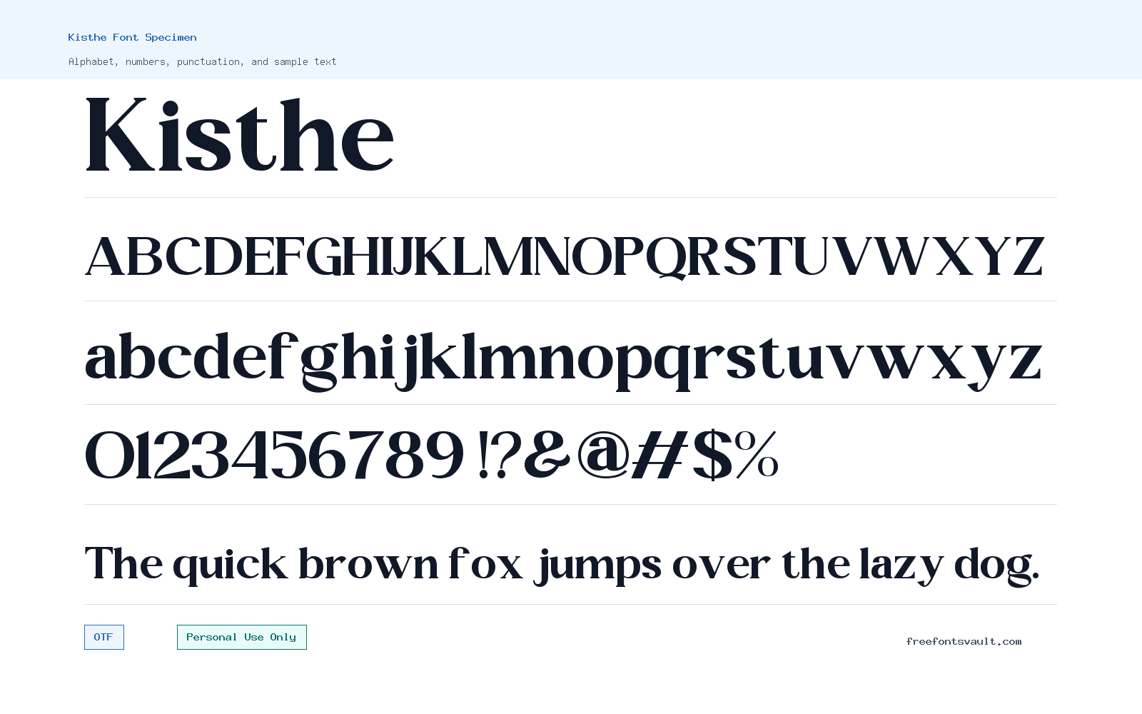 Kisthe font specimen showing alphabet, numbers, and sample text