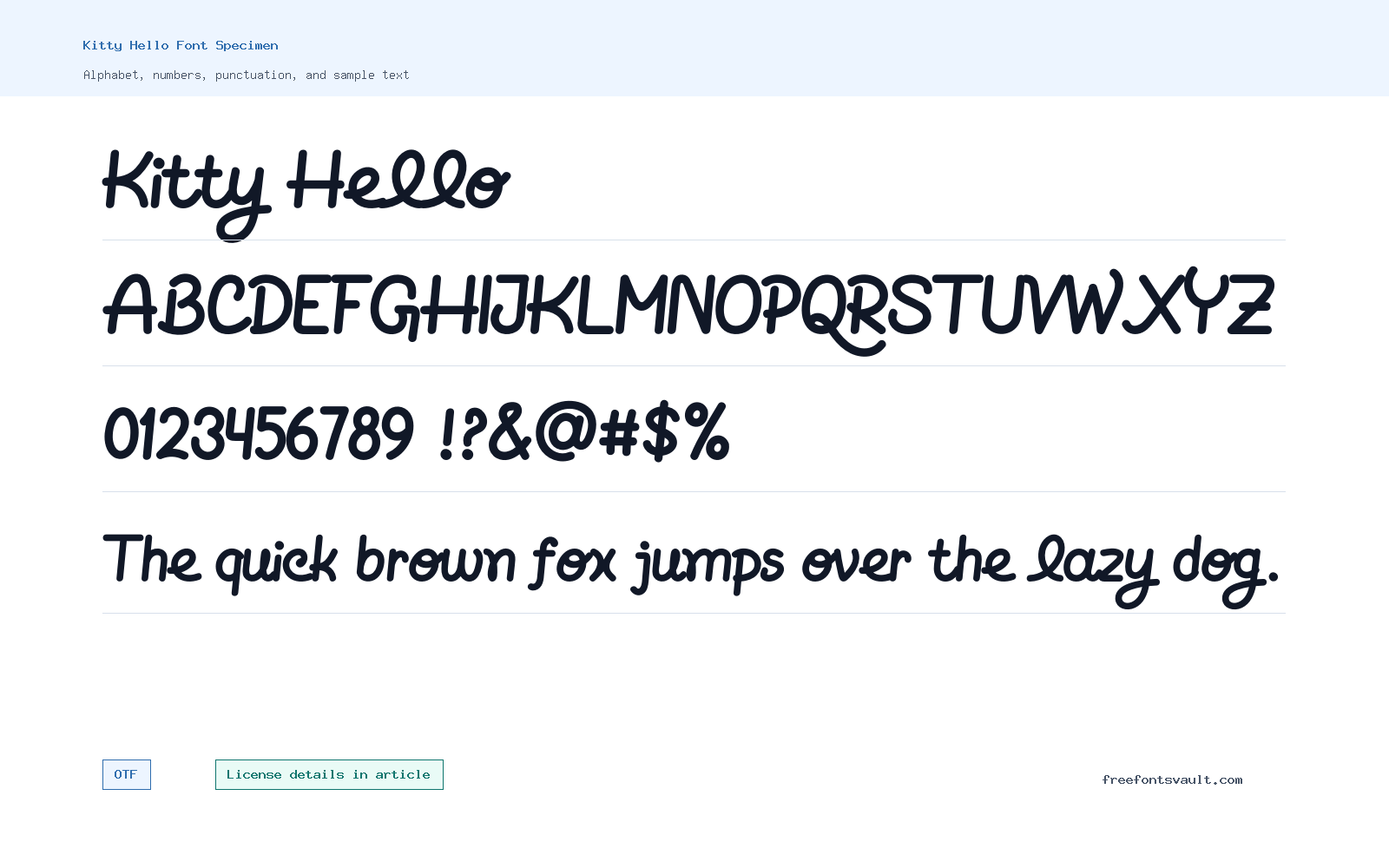 Kitty Hello font specimen showing alphabet, numbers, and sample text