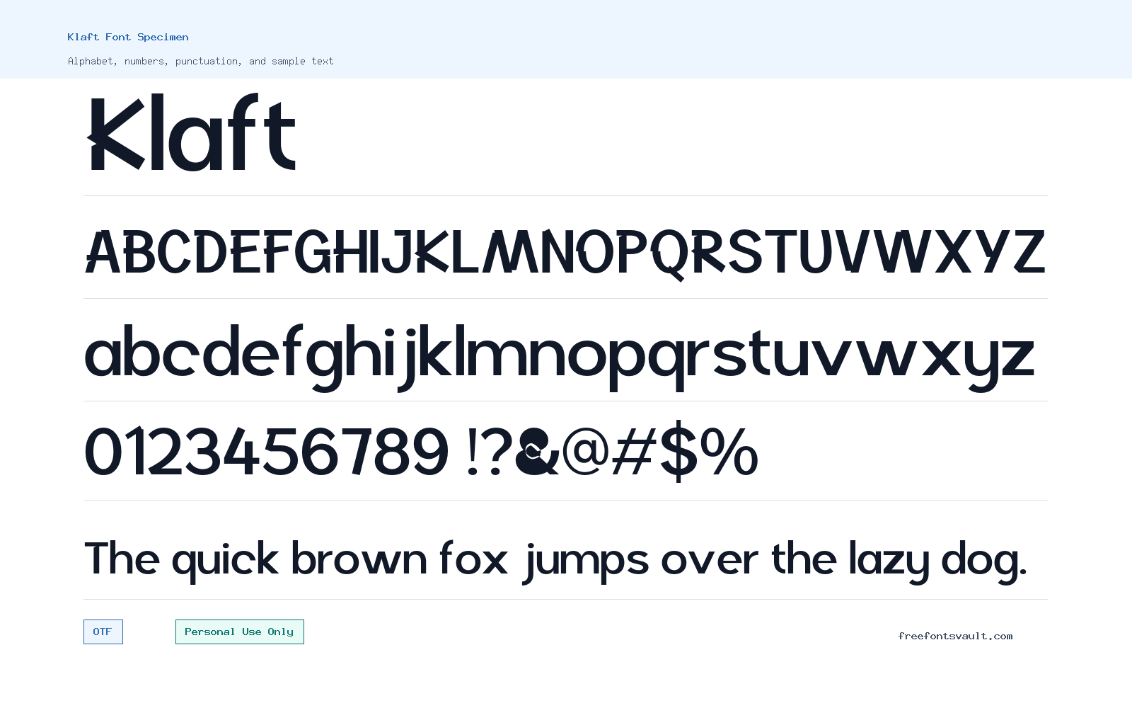 Klaft font specimen showing alphabet, numbers, and sample text