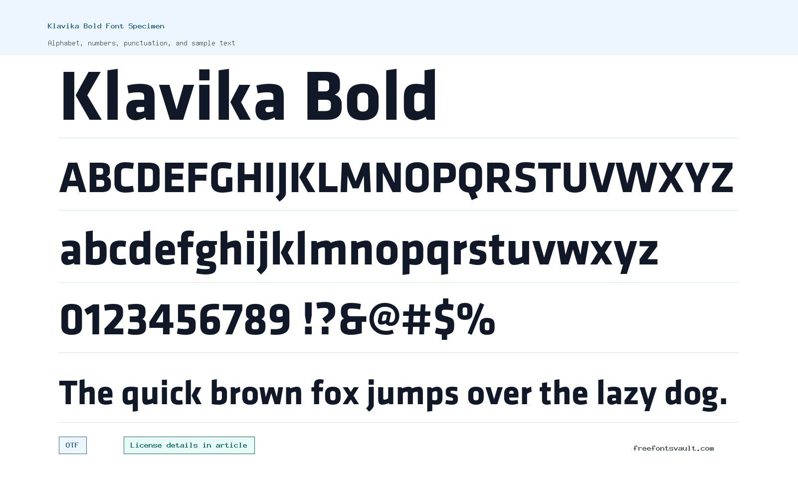 Klavika Bold font specimen showing alphabet, numbers, and sample text