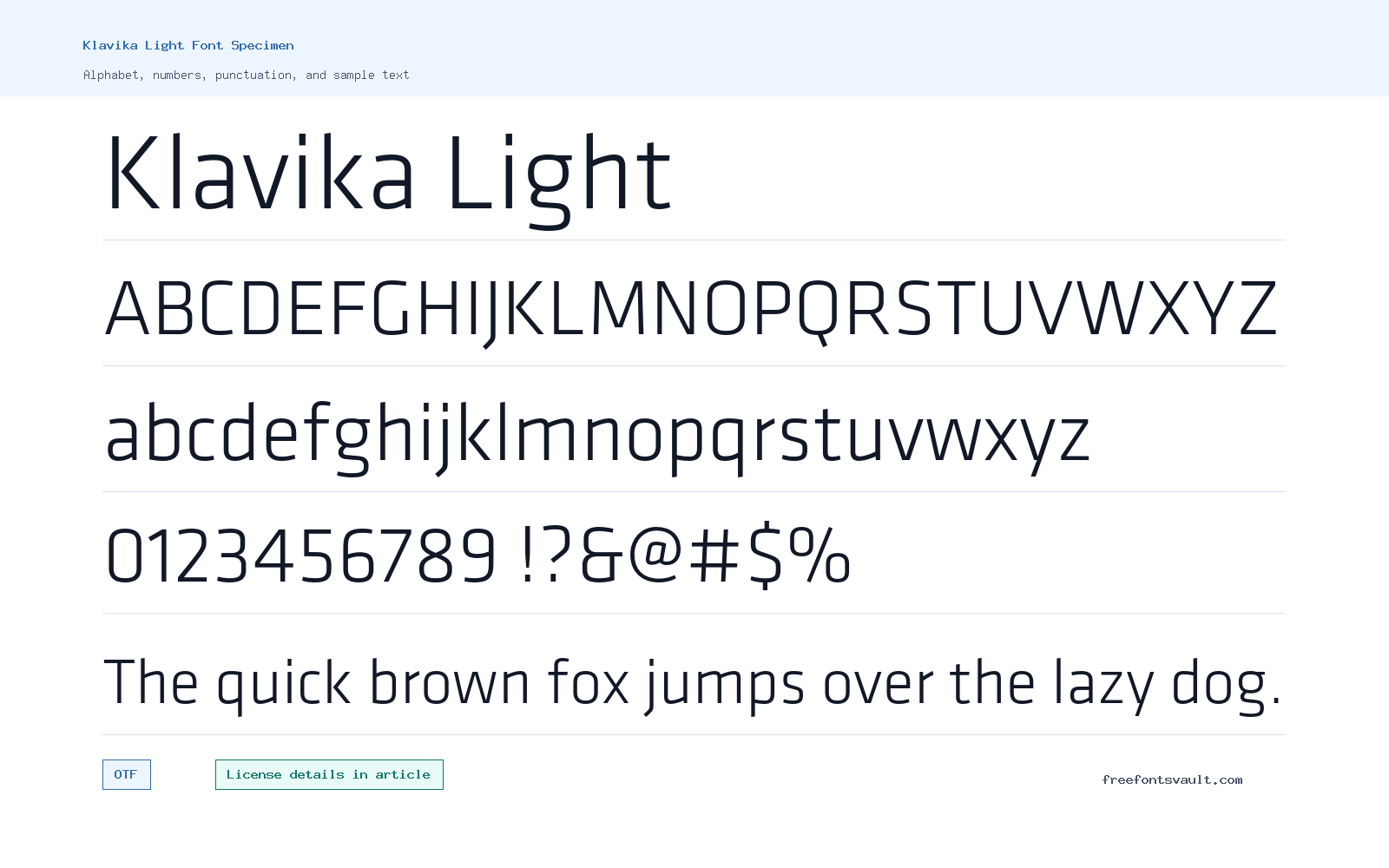 Klavika Light font specimen showing alphabet, numbers, and sample text