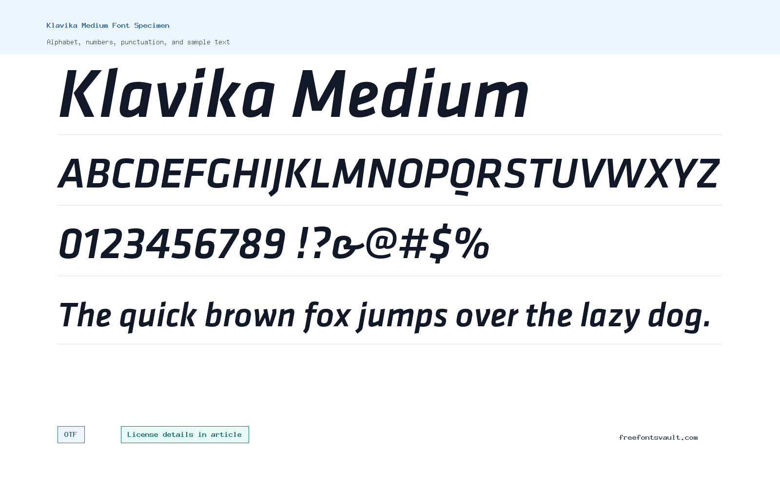 Klavika Medium font specimen showing alphabet, numbers, and sample text