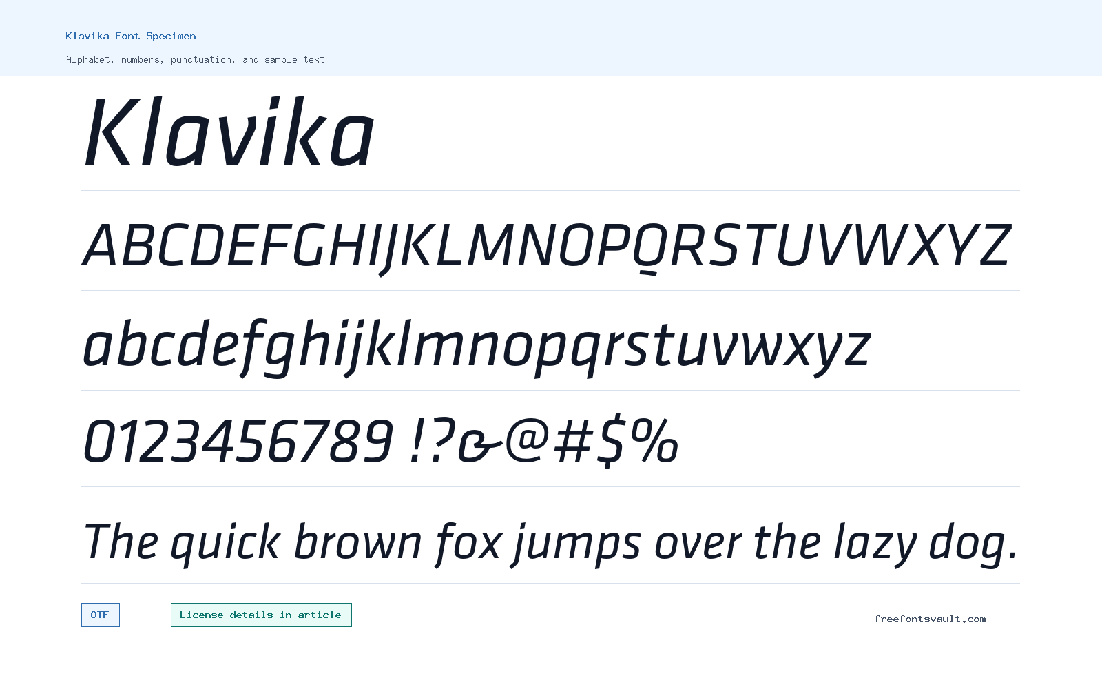 Klavika font specimen showing alphabet, numbers, and sample text