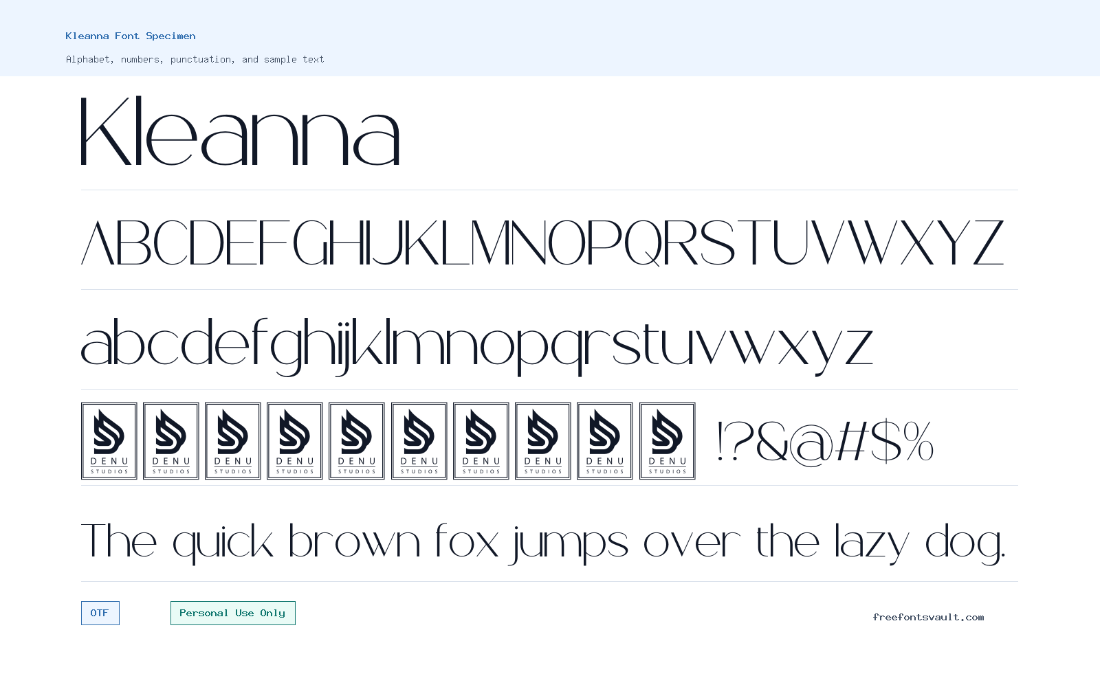 Kleanna font specimen showing alphabet, numbers, and sample text