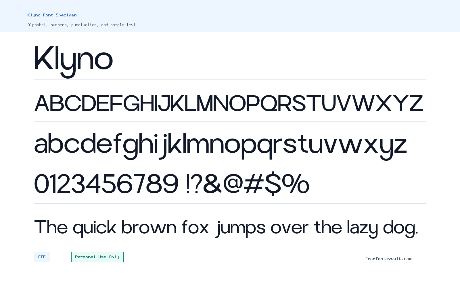 Klyno font specimen showing alphabet, numbers, and sample text