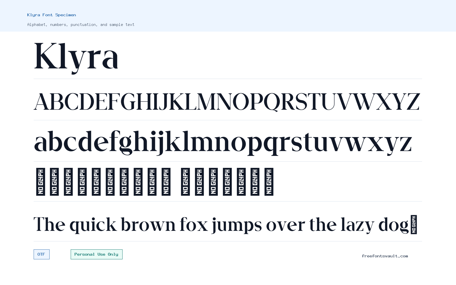 Klyra font specimen showing alphabet, numbers, and sample text
