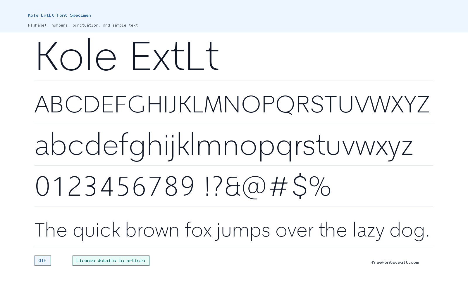 Kole ExtLt font specimen showing alphabet, numbers, and sample text