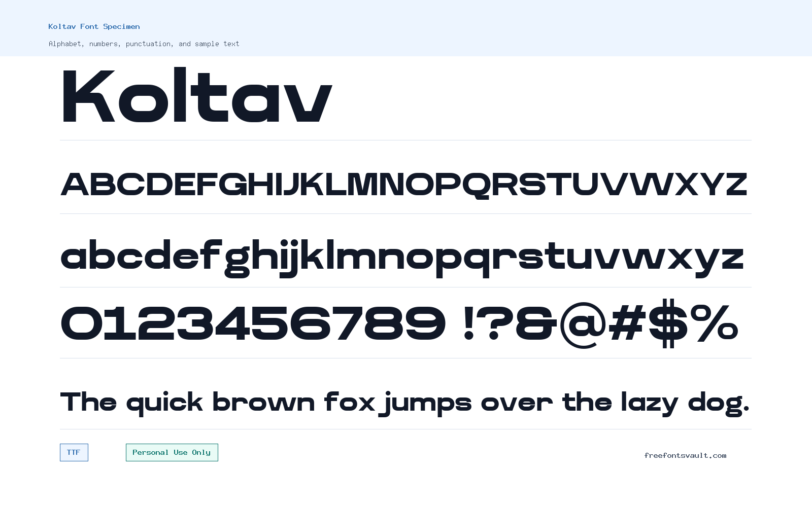 Koltav font specimen showing alphabet, numbers, and sample text