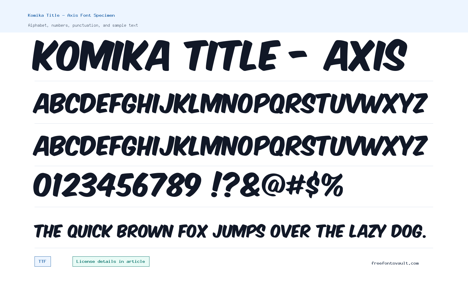 Komika Title - Axis font specimen showing alphabet, numbers, and sample text