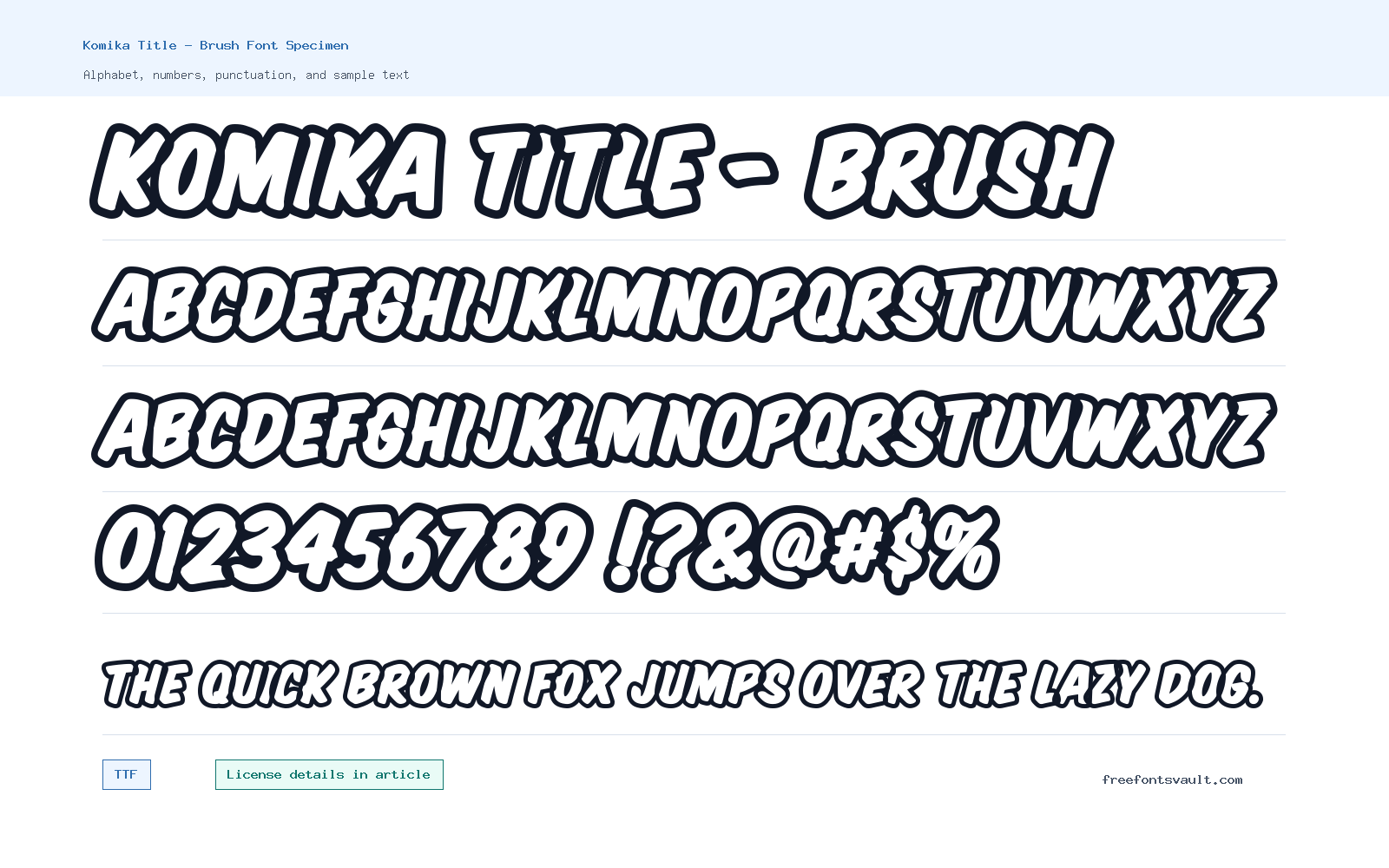 Komika Title - Brush font specimen showing alphabet, numbers, and sample text