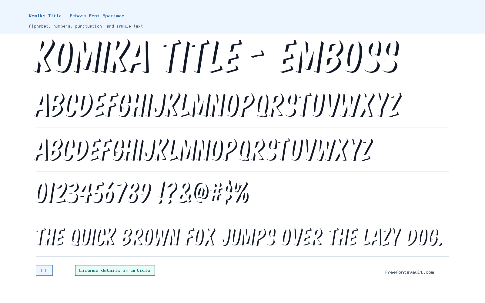 Komika Title - Emboss font specimen showing alphabet, numbers, and sample text