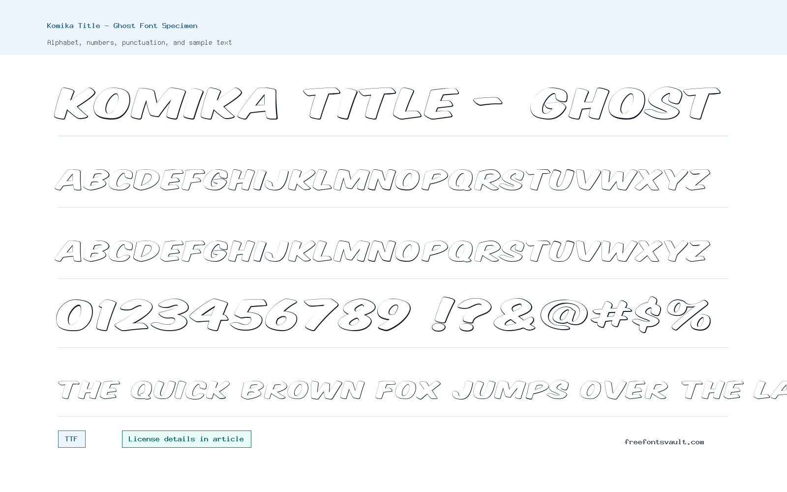 Komika Title - Ghost font specimen showing alphabet, numbers, and sample text