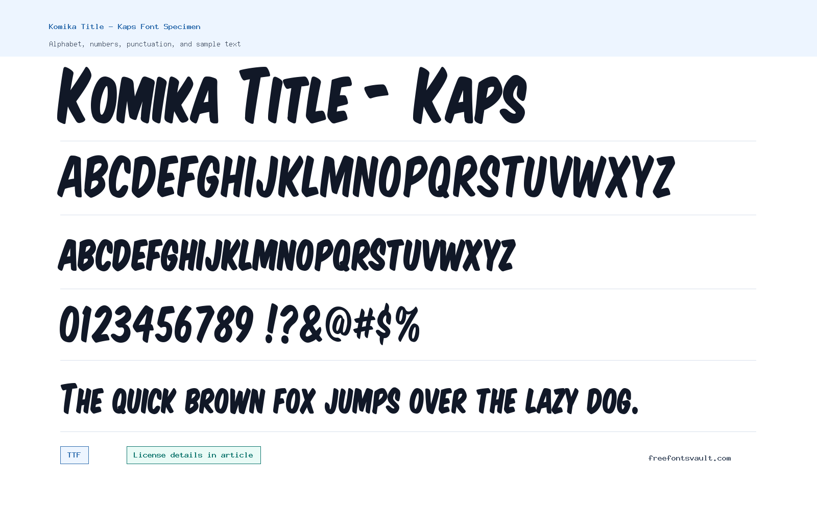 Komika Title - Kaps font specimen showing alphabet, numbers, and sample text