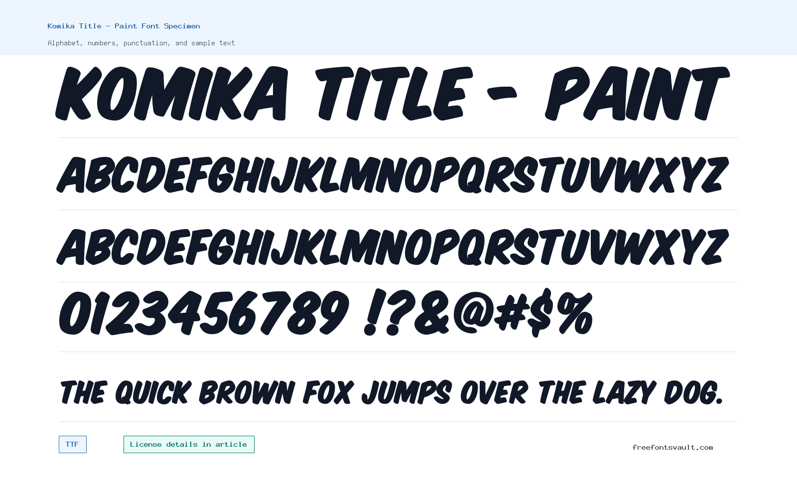 Komika Title - Paint font specimen showing alphabet, numbers, and sample text