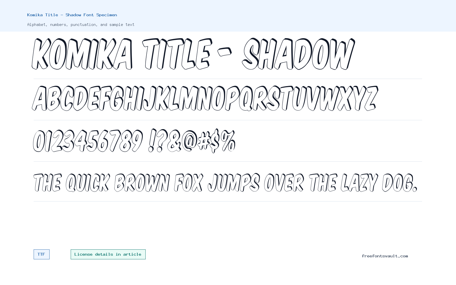 Komika Title - Shadow font specimen showing alphabet, numbers, and sample text