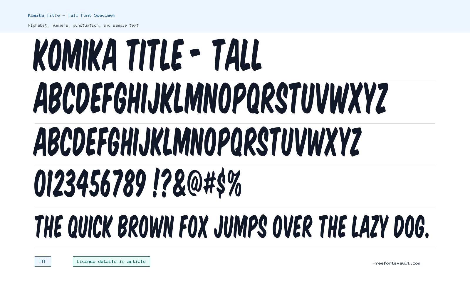 Komika Title - Tall font specimen showing alphabet, numbers, and sample text