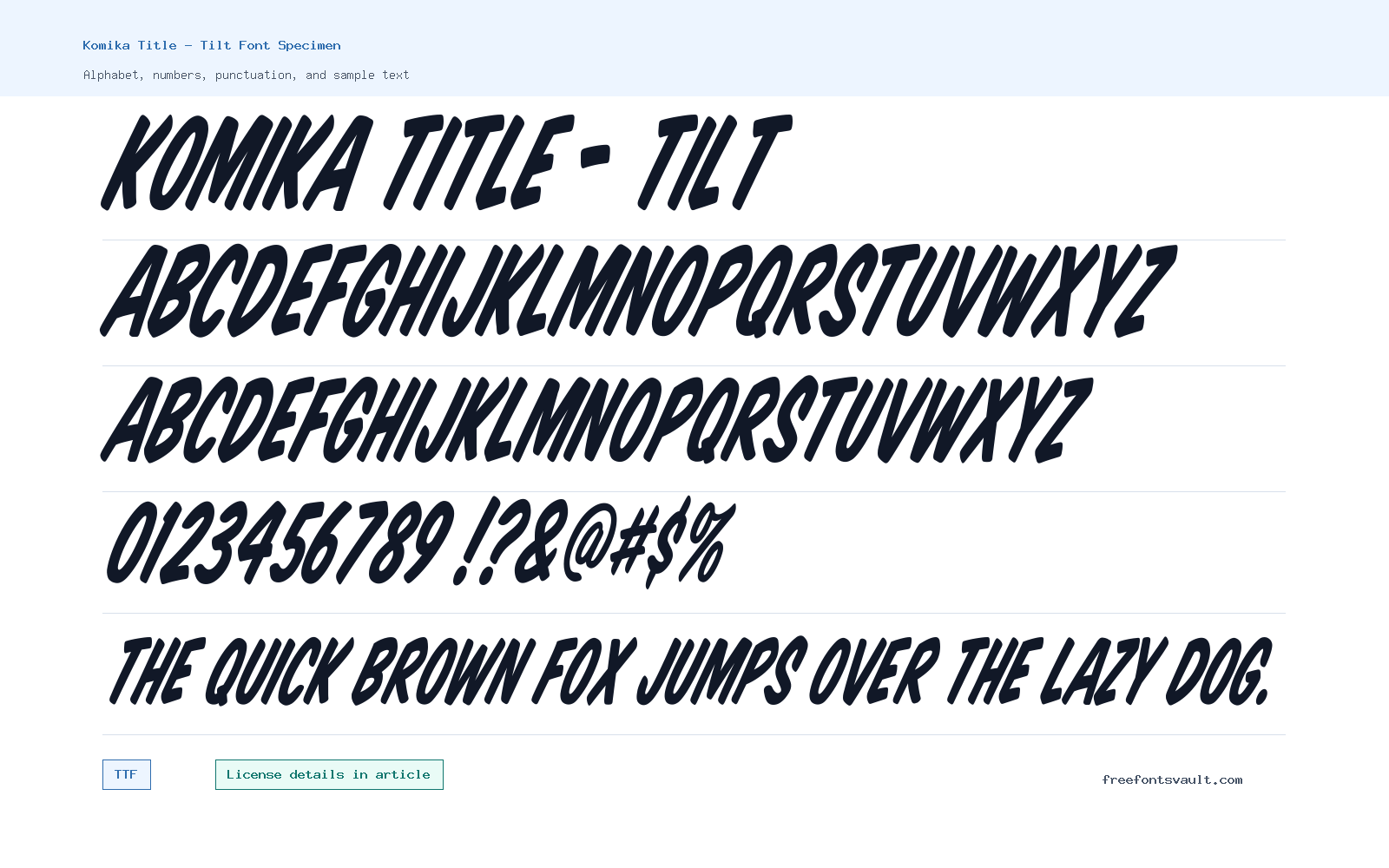Komika Title - Tilt font specimen showing alphabet, numbers, and sample text