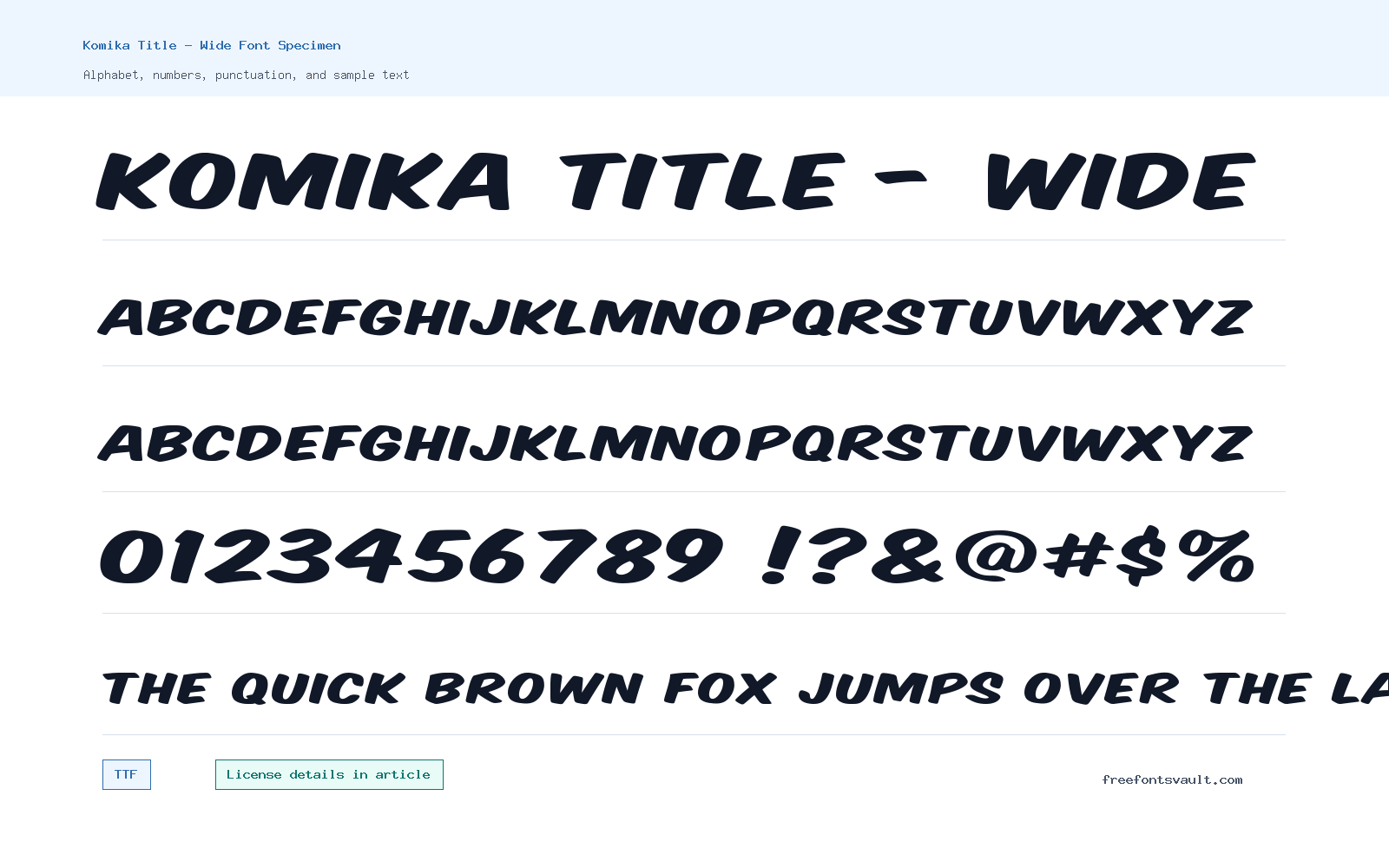 Komika Title - Wide font specimen showing alphabet, numbers, and sample text