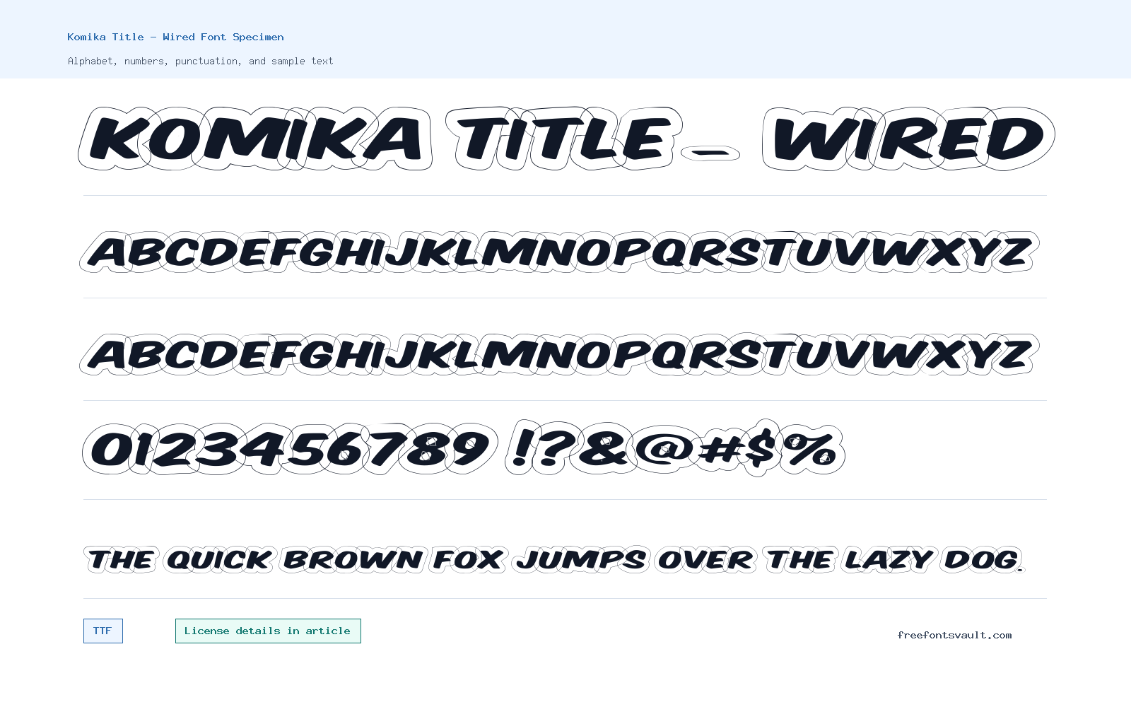 Komika Title - Wired font specimen showing alphabet, numbers, and sample text