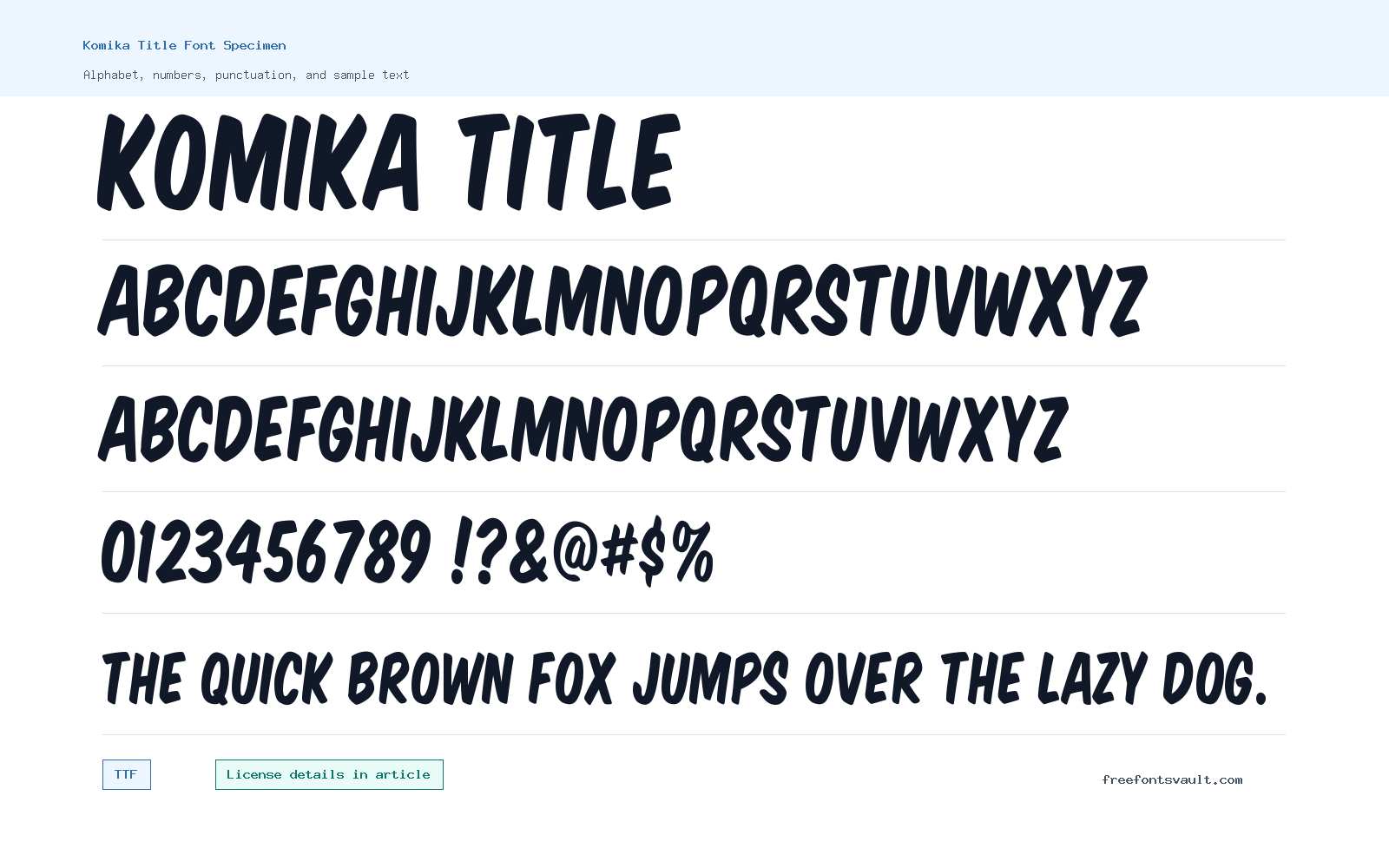 Komika Title font specimen showing alphabet, numbers, and sample text