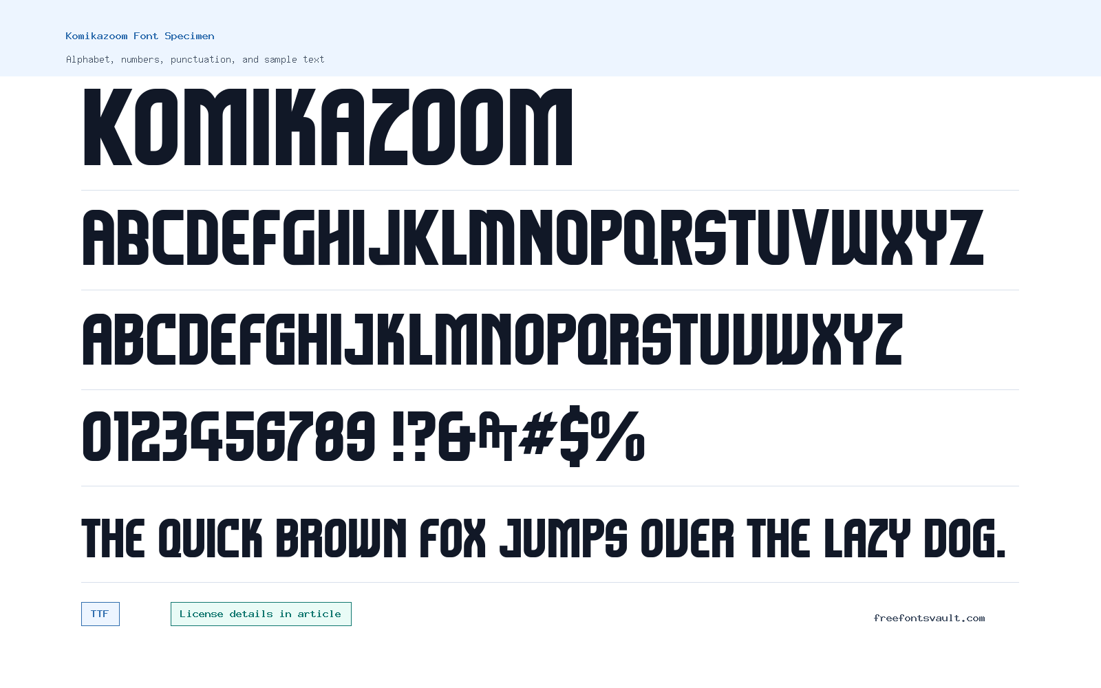 Komikazoom font specimen showing alphabet, numbers, and sample text