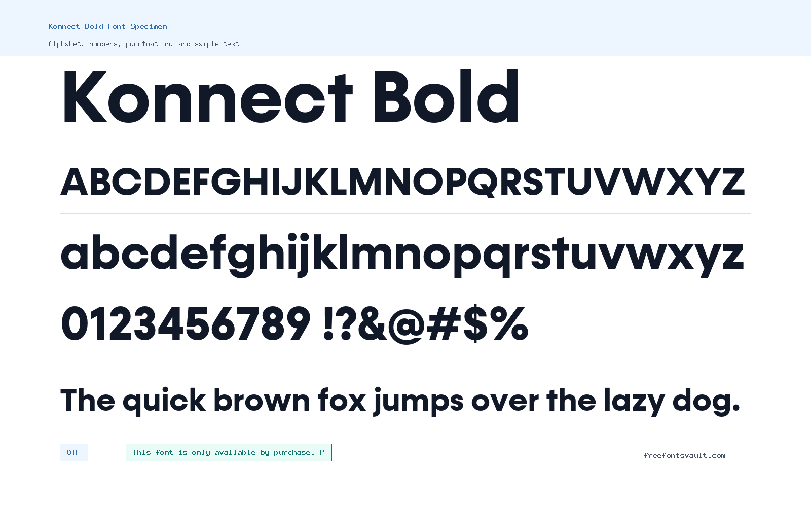 Konnect Bold font specimen showing alphabet, numbers, and sample text