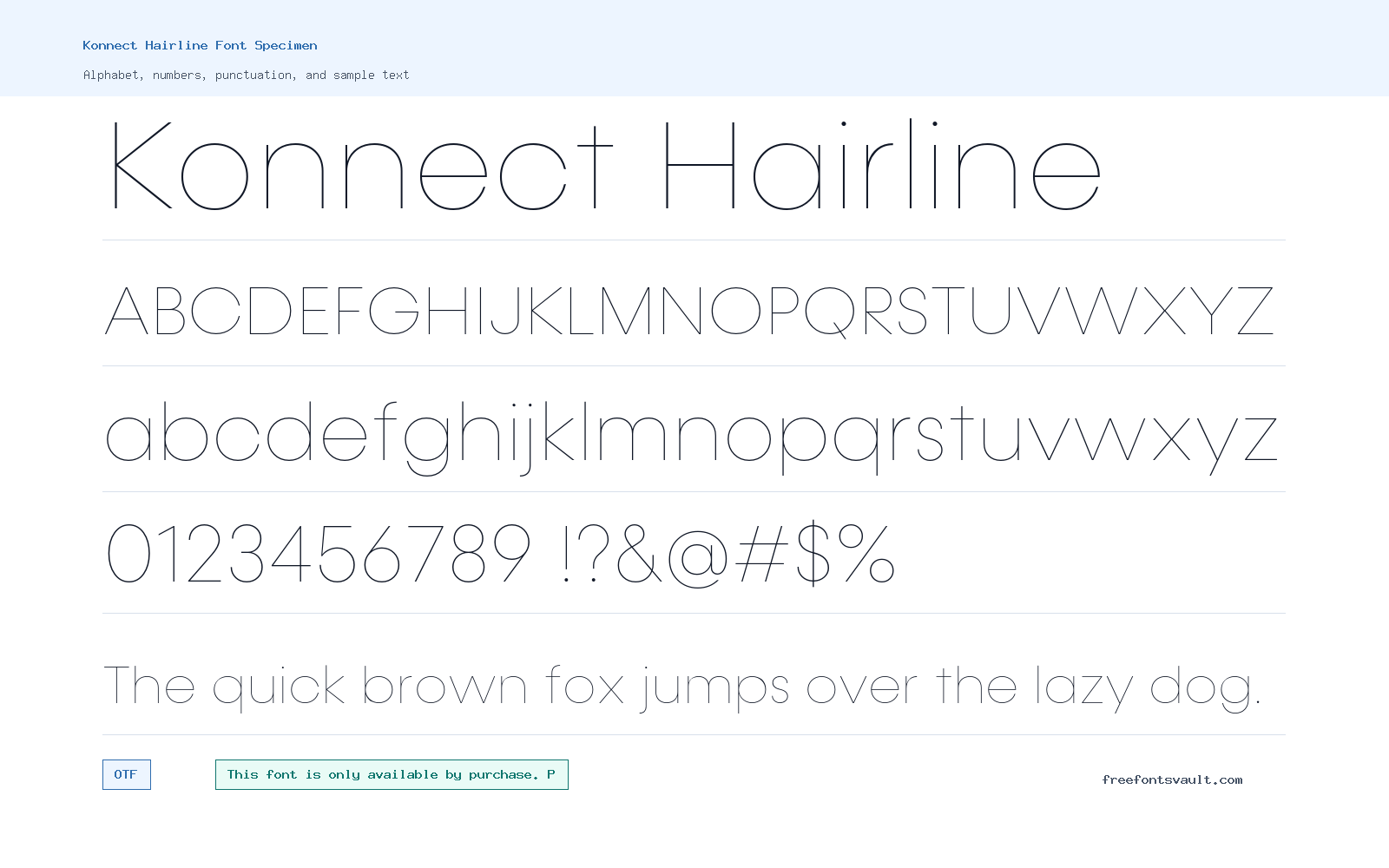 Konnect Hairline font specimen showing alphabet, numbers, and sample text