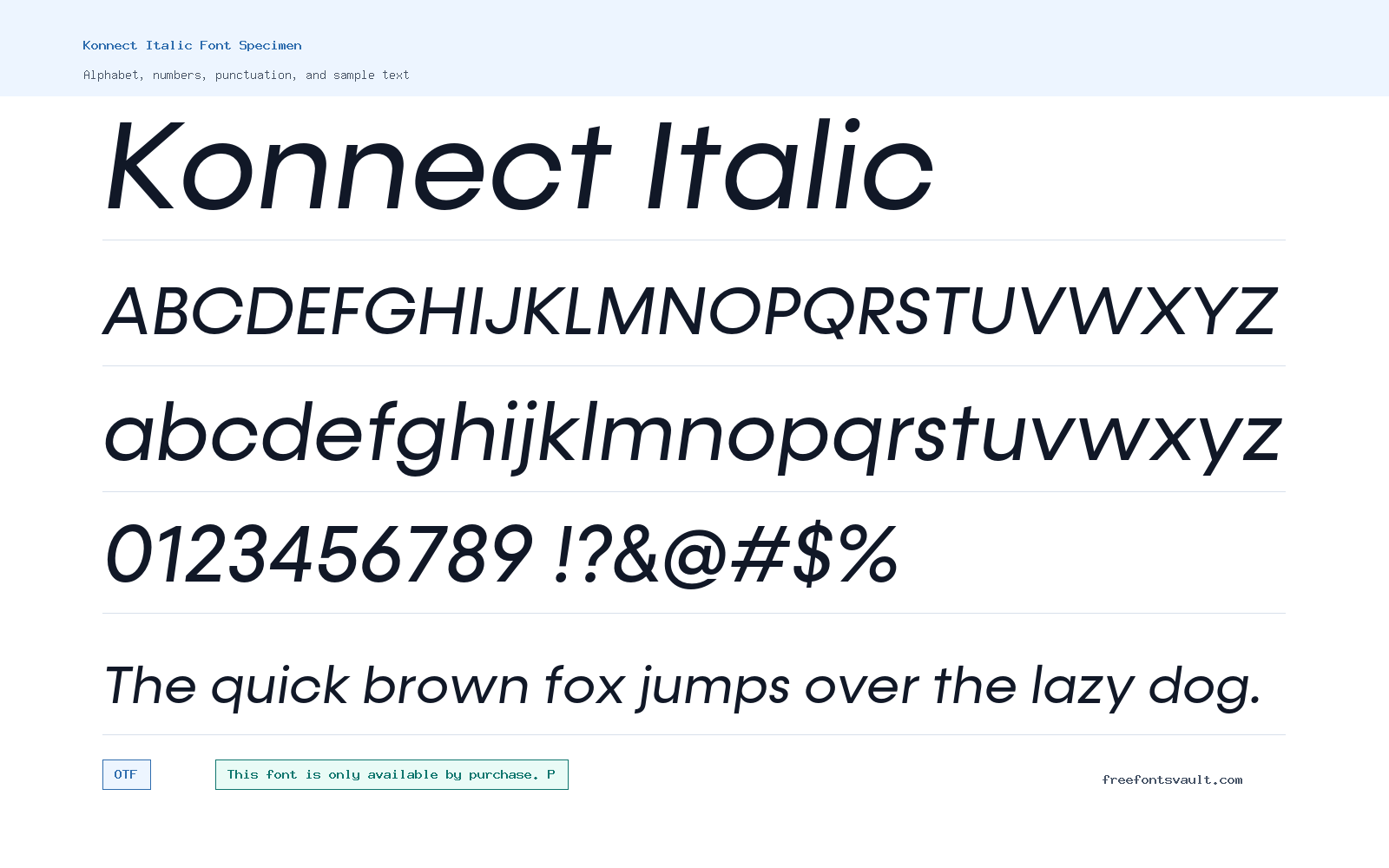 Konnect Italic font specimen showing alphabet, numbers, and sample text